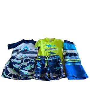 18 mos Boys Swim Bundle Lot Rash Guard Shorts Kids Shark Set - Blue and Green